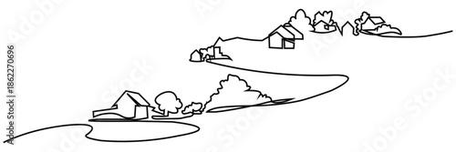 Rural landscape continuous one line vector drawing. Hill , hut trees, 