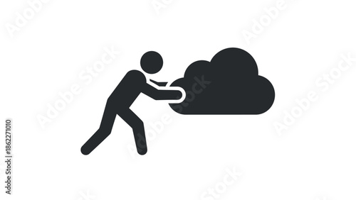 A simplistic black silhouette depicting a person attempting to push or move a large dark cloud formation forward