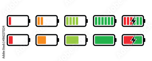 Colorful battery charge level icons with red orange and green Isolated On Transparent Background