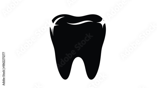 A stark black silhouette depicts a single human molar tooth against a clean white background symbolizing dental health