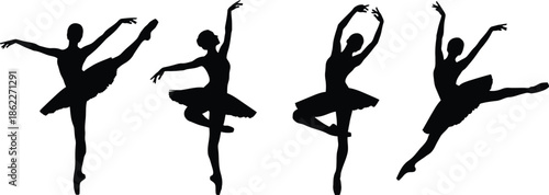 Set of 5 Ballerina poses silhouette dancer in arabesque pirouette plié and leap positions