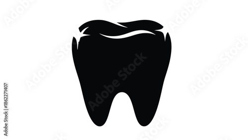 A simplistic black silhouette of a single human molar tooth against a stark white background is prominently displayed