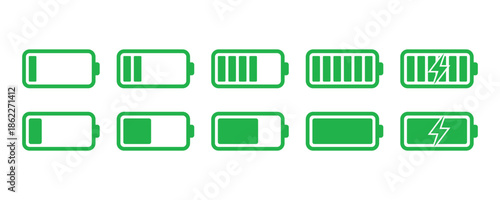 Green battery charge level icons for power status indication Isolated On Transparent Background