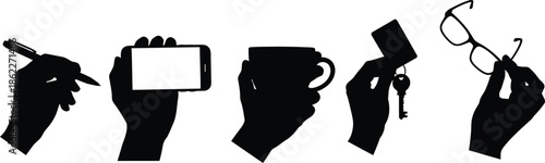 Set of 6 Hands Holding Objects silhouette hand holding pen phone cup card key and glasses