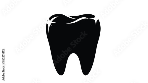 A simple black silhouette of a single tooth clearly defined against a plain white background showcasing dental health imagery