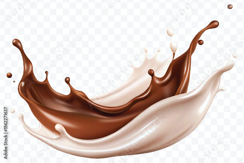 realistic 3d dynamic splash of  chocolate with milk in curve style isolated on transparent background	
