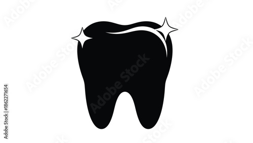 A sleek and modern illustration showcases a single dark tooth shape with sparkling highlights symbolizing dental health and cleanliness