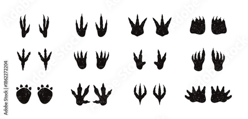 Dinosaur footprint silhouette textured grunge doodle hand drawn icon set. Drawing line clipart symbol collection