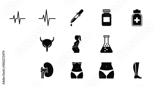 An assortment of black medical and anatomical icons depicts healthcare biology and physiological elements in a minimalist style