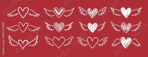 Heart with angel wings doodle hand drawn icon set. Outline drawing line clipart symbol collection