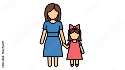 A simple illustration depicts a mother and her young daughter holding hands showcasing a sweet family bond