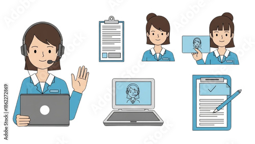 Virtual customer support and administrative services featuring online communication icons