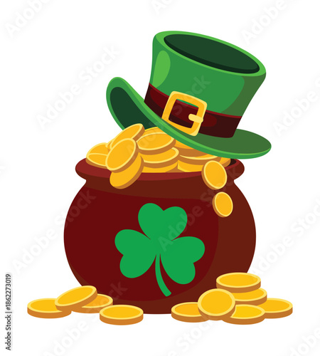A vibrant cartoon illustration of a leprechaun's green hat with a gold buckle resting on a dark pot overflowing with shiny gold coins, featuring a green shamrock on the pot