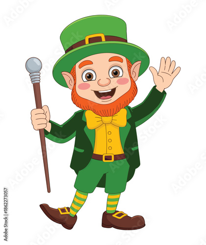 A cheerful cartoon leprechaun character with a red beard, green hat, and suit, holding a walking stick and waving, on a white background.