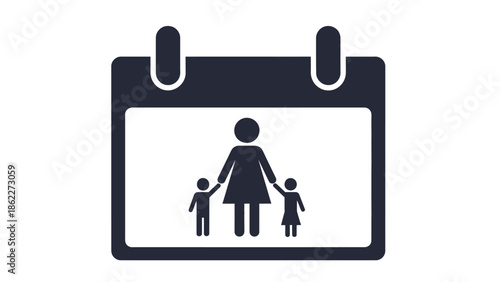 A simple black and white illustration depicts a calendar page with a family silhouette showcasing parental leave or family planning