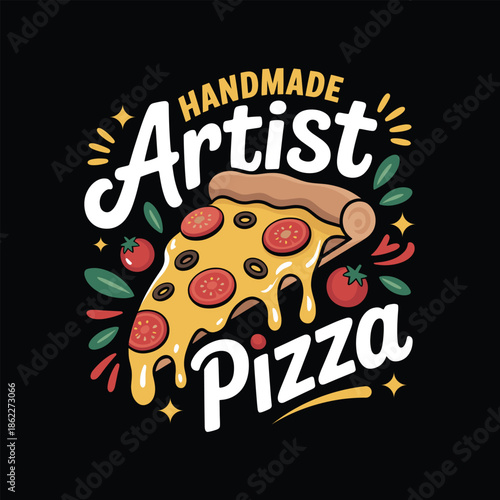Handmade Artist Pizza Slice with Tomatoes and Leaves