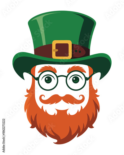 Cartoon illustration of a leprechaun's head wearing a green top hat, round glasses, and featuring a vibrant red beard and mustache.