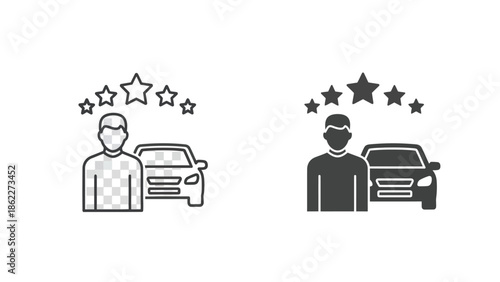 Two monochrome icons depict a person with a car each accompanied by a varying number of outlined stars overhead