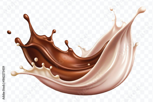 realistic 3d dynamic splash of  chocolate with milk in curve style isolated on transparent background	
