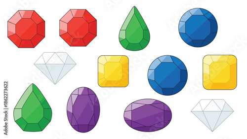 Colorful graphic illustration of various precious gemstones and diamonds on a white background with a flat lay composition.