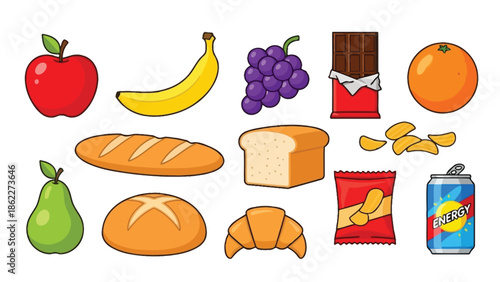 Flat lay illustration of various food items including fruits and snacks on a white background.