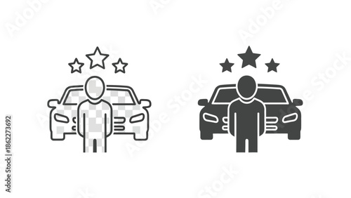 Two monochrome icons depict individuals standing proudly beside their vehicles each adorned with a set of five stars above