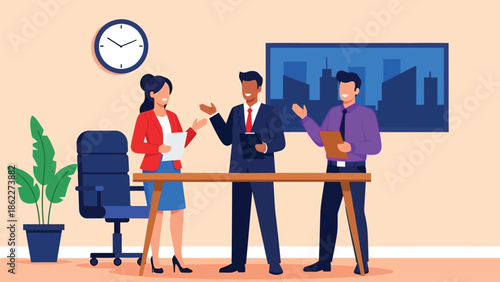 A diverse group of business professionals are gathered in an office discussing strategies and collaborating on projects effectively