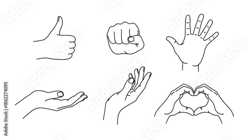 A collection of simple line drawings depicting various hand gestures including thumbs up fist open palm and heart shapes