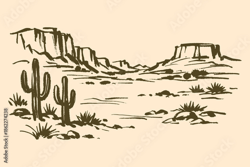 Desert landscape with cactus ink sketch vector illustration