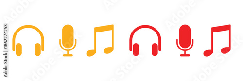 Music Icons Headphones Microphones and Notes in Yellow and Red Isolated On Transparent Background