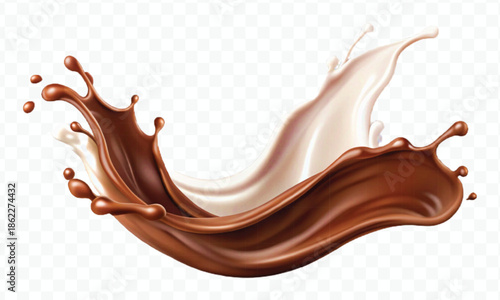 realistic 3d dynamic splash of  chocolate with milk in curve style isolated on transparent background	
