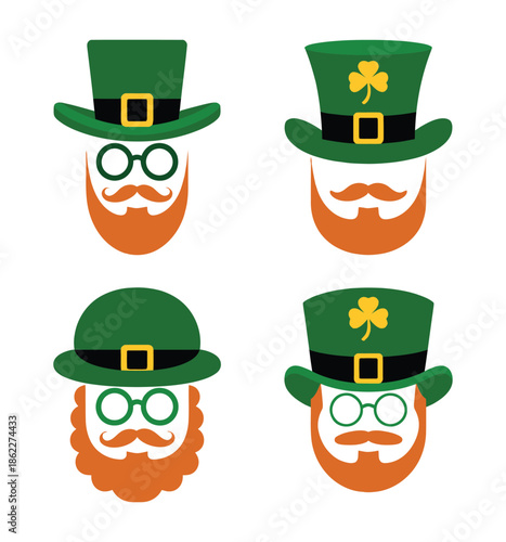 Four cartoon leprechaun faces with green hats, glasses, and red beards, celebrating St. Patrick's Day.