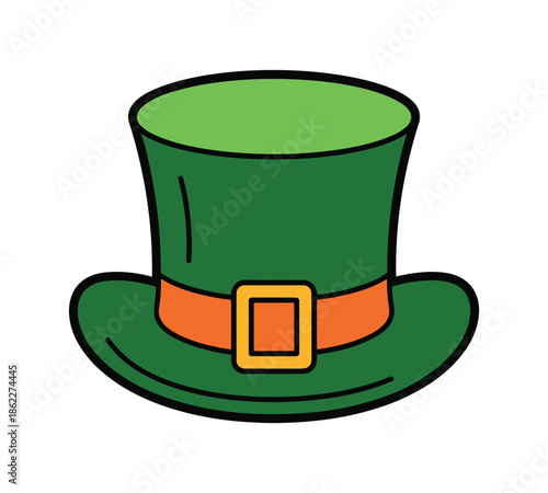 A cartoon illustration of a vibrant green top hat with an orange band and a golden buckle, often associated with St. Patrick's Day celebrations.