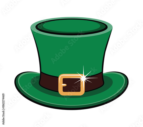 A vibrant green top hat with a brown band and a sparkling golden buckle, often associated with St. Patrick's Day celebrations and leprechauns.