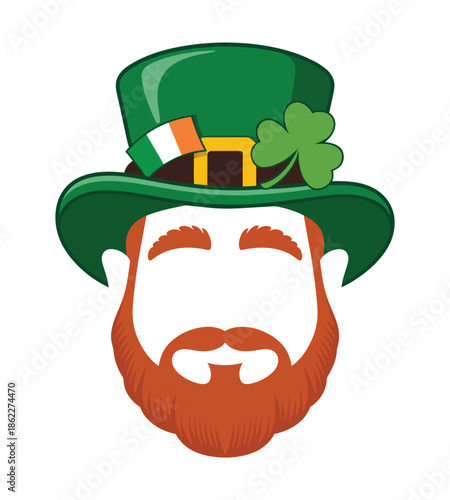 Cartoon illustration of a leprechaun's head with a green top hat, Irish flag, shamrock, and a red beard, symbolizing St. Patrick's Day.
