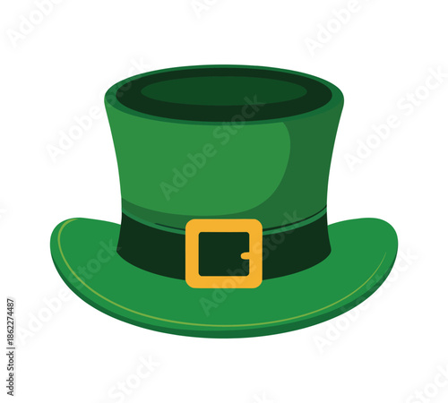 Vibrant green leprechaun hat with a dark band and a shiny gold buckle, often associated with St. Patrick's Day celebrations and Irish folklore.