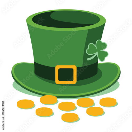 A vibrant green leprechaun hat adorned with a shamrock and a gold buckle, surrounded by scattered gold coins, symbolizing Irish luck and St. Patrick's Day.