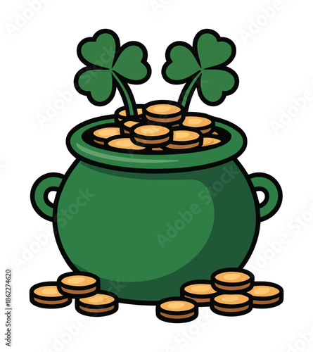 Green pot of gold coins with shamrocks, symbolizing Irish luck and St. Patrick's Day celebration.