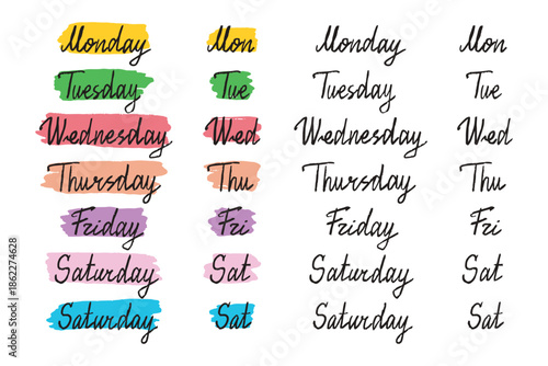 colorful doodle hand drawn lettering days of week. Sunday, Monday, Tuesday, Wednesday, Thursday, Friday and Saturday. Stickers for planner, journal. handwritten days week clipart.