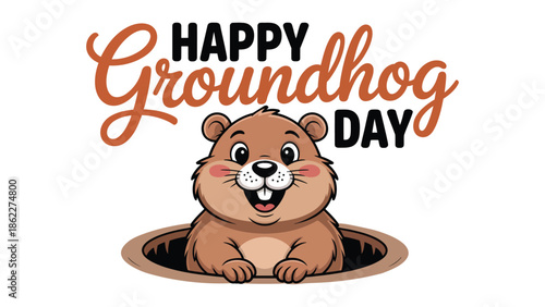 Happy groundhog day cute cartoon illustration with smiling groundhog emerging from burrow, cheerful typography design for february 2 holiday greetings, posters and prints