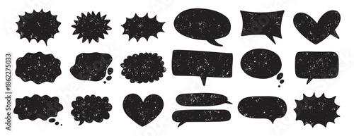 speech bubbles in various shapes set. Crayon grunge texture communication frames. Textbox cloud, chat text boxes 