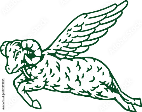 Winged ram illustration, mythological line art vector, vintage style
