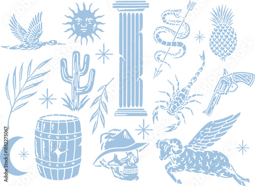 Mythical and nature illustration set, blue line art vector elements
