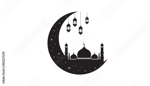 Ramadan mubarak crescent moon and mosque silhouette with lanterns