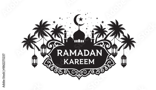 Ramadan kareem greeting with mosque and palm trees under crescent moon