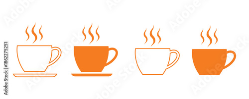 Four orange hot beverage cups with steam icons Isolated On Transparent Background