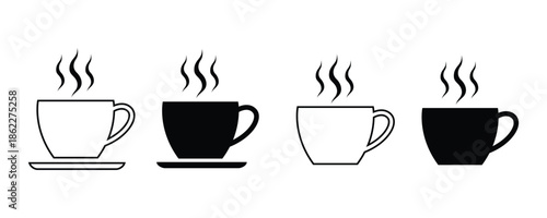 Four steaming coffee cups black and white icons Isolated On Transparent Background