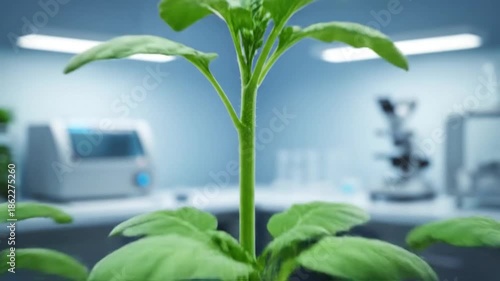 A close-up view of a green plant stem with a glowing blue energy effect. Laboratory background