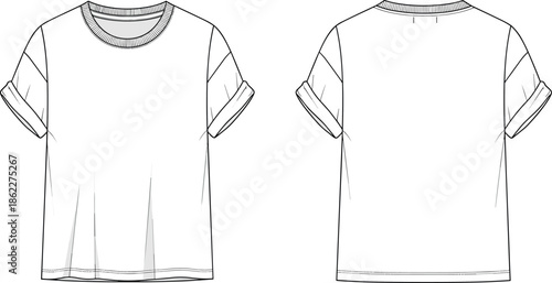 Technical Flat Sketch Vector Illustration of Oversized Streetwear T-shirt with Dropped Shoulders and Cuffed Sleeves Front and Back View Template