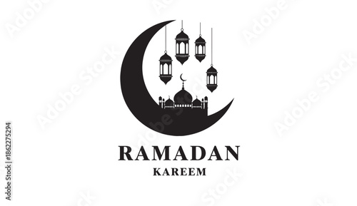 Ramadan kareem greeting with crescent moon and lanterns symbolizing islamic holy month